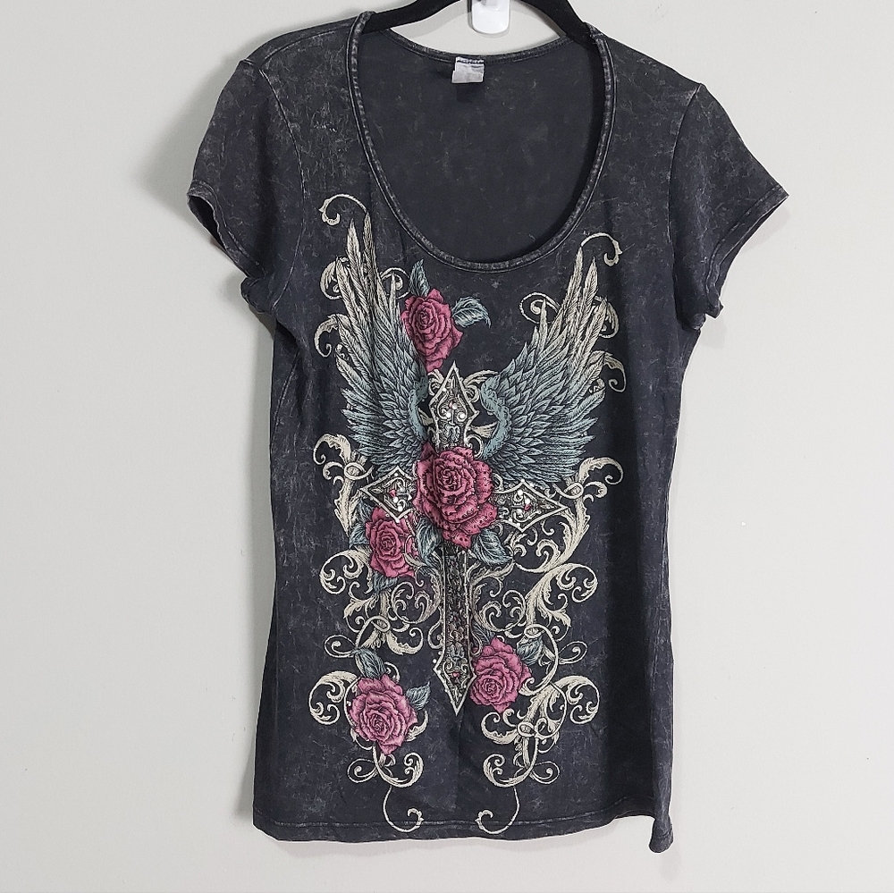 Y2K Biker Grunge Graphic Tee Medium Rose Wing Design Goth Ride On Short Sleeves